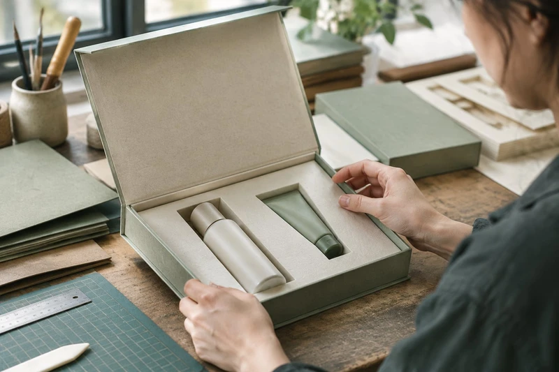 A packaging designer checking sample products in a fitted gift box insert