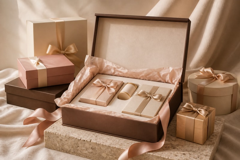 Illustrative arrangement of unbranded custom gift packaging