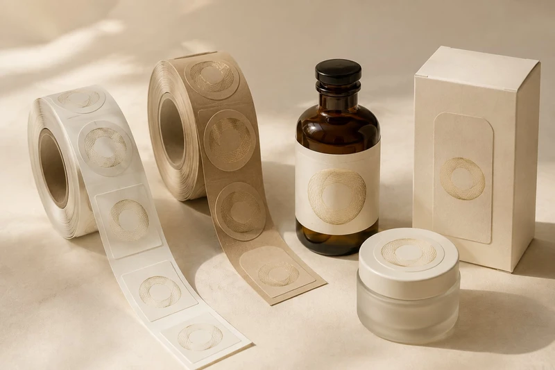 Custom cream and kraft label rolls with matching labels on bottles and cartons