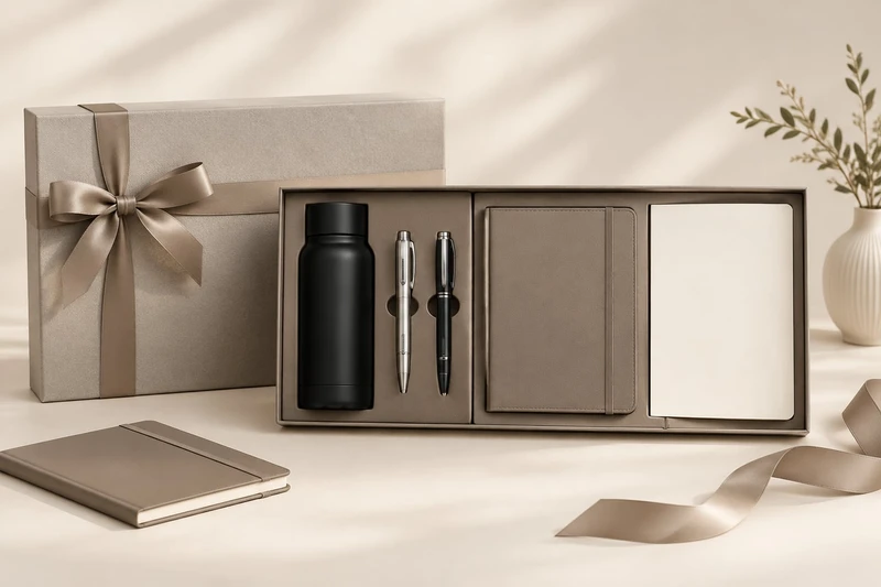 Coordinated corporate gift box with a notebook, bottle, and pen