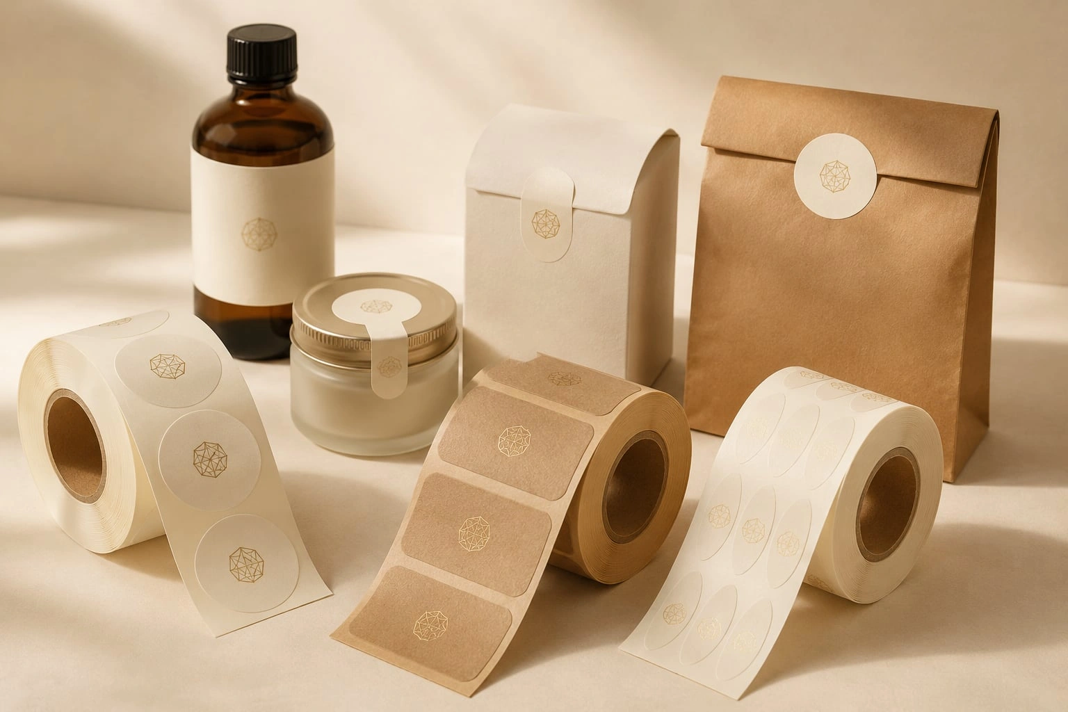 Cream and kraft label rolls with coordinated custom labels on bottles, jars and packaging